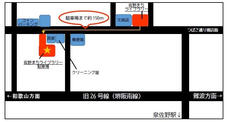 佐野まちライブラリー駐車場は、つばさ通り商店街を和歌山方面に、約150メートル進んだ場所にあります。